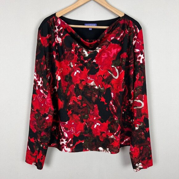 Vivienne Tam Blouse Top Womens‎ 10 Red Black Cowl Neck Long Sleeve Abstract Art - Picture 1 of 10